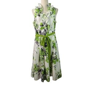 Jessica Howard Green White Gray Ruffle Collar Pleated Skirt Tie Waist Dress 12